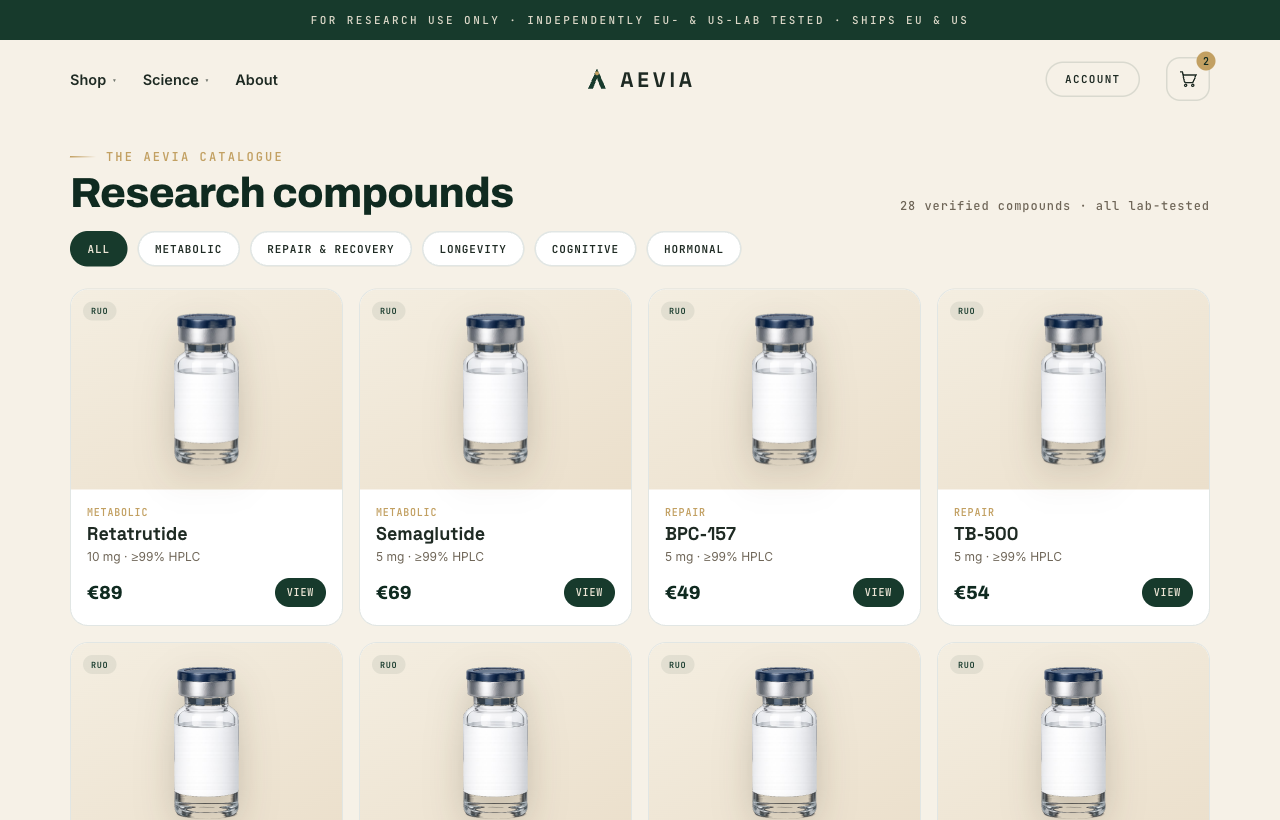 Aevia catalogue — verified research compounds, organised and filterable.