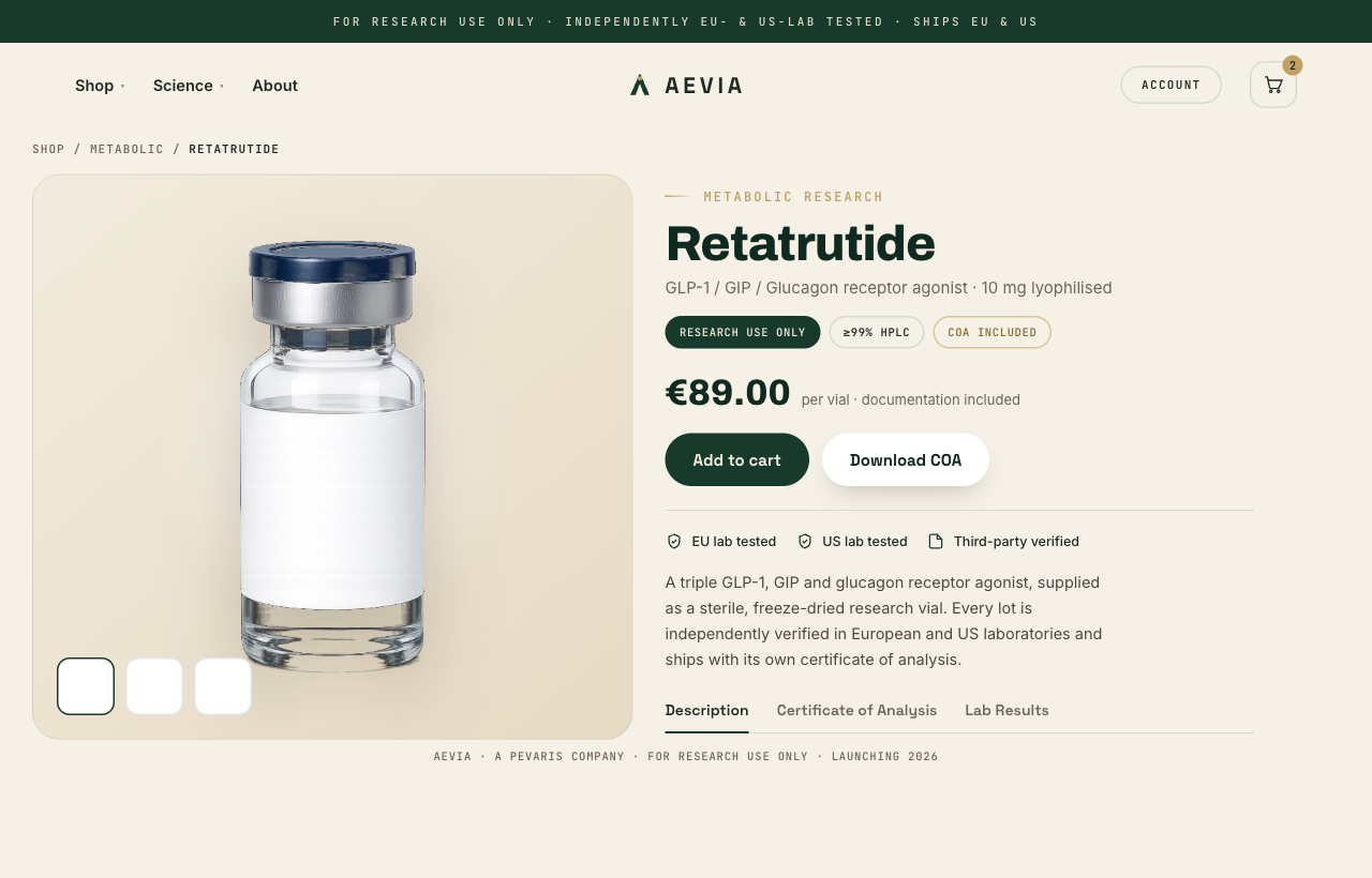 Aevia product page — purity, certificate of analysis and lab results in one view.