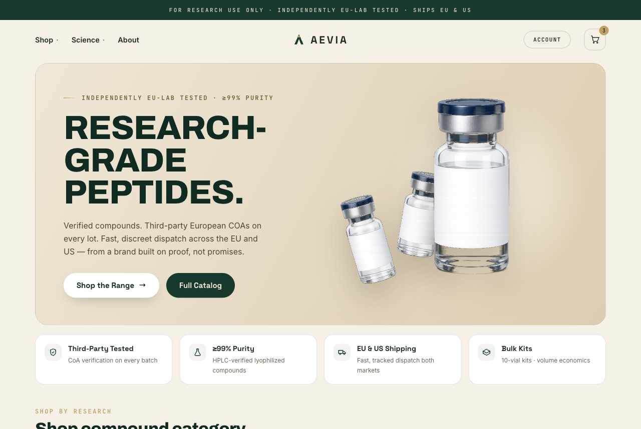 Aevia — the Pevaris e-commerce storefront, showing research-grade peptides for the EU and US markets.