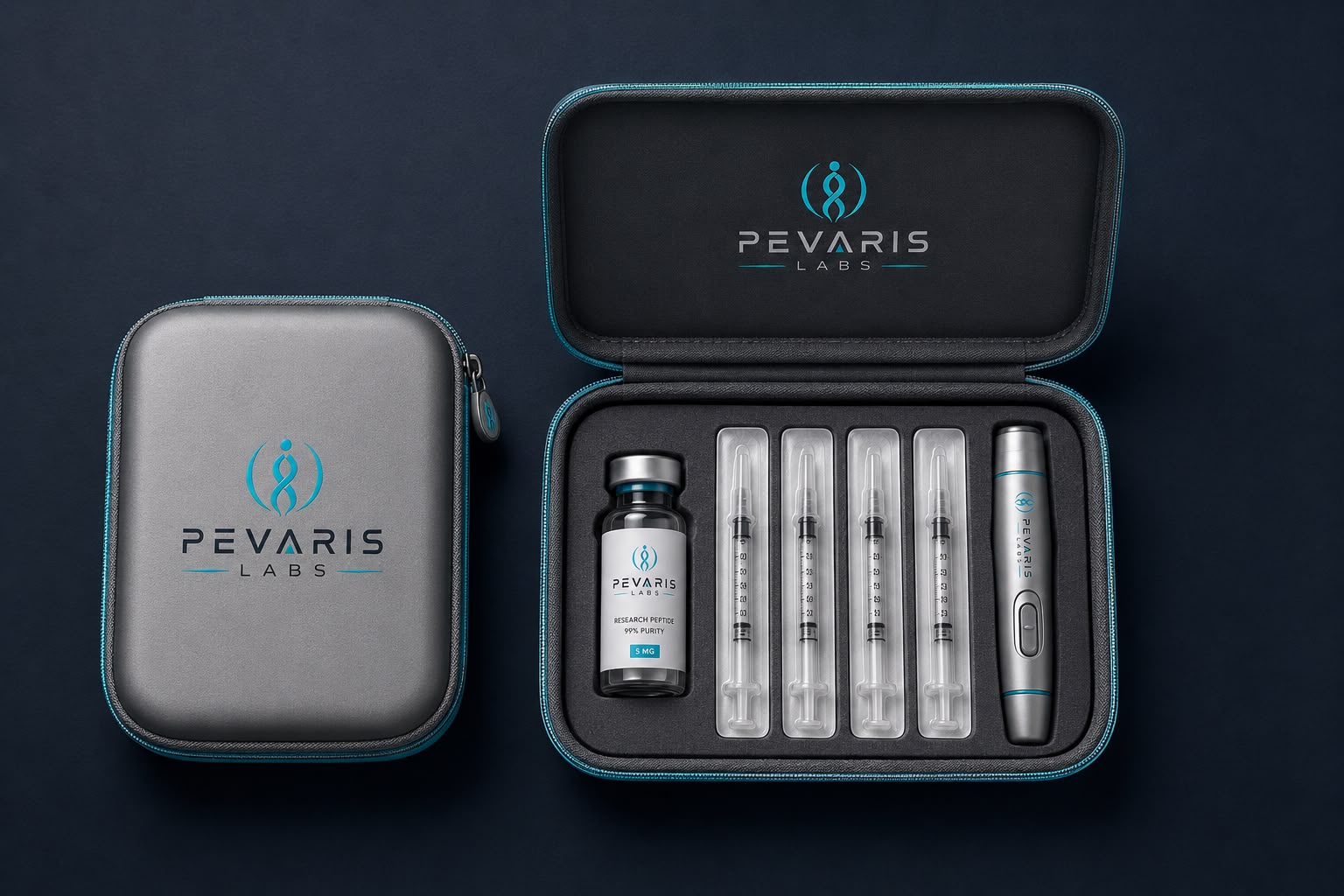 A Pevaris Labs delivery kit — a vial, sterile single-use syringes, and a reusable pen arranged in a branded case.