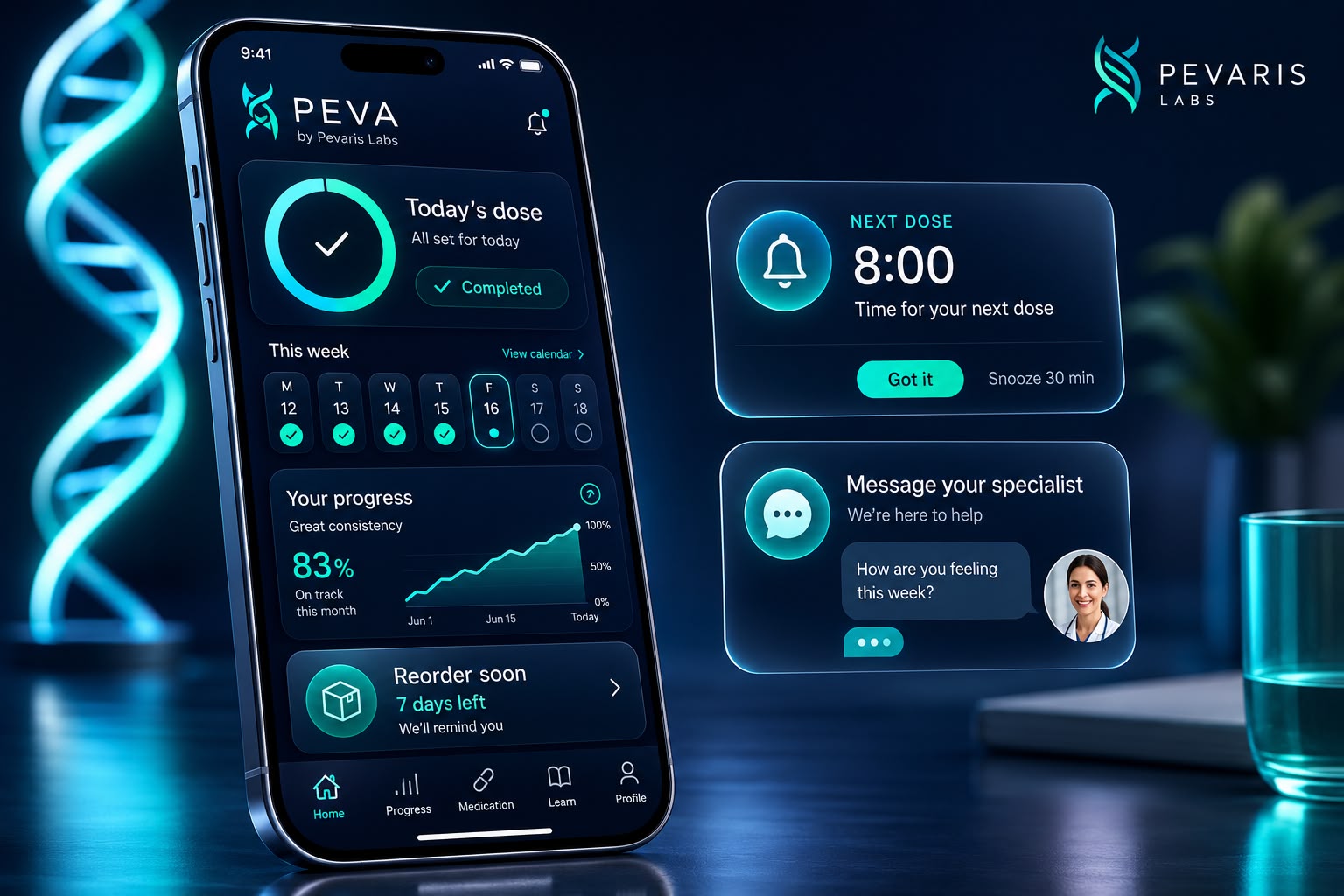 The Peva companion app on a smartphone, showing a dosing schedule, progress tracking, and reminders.