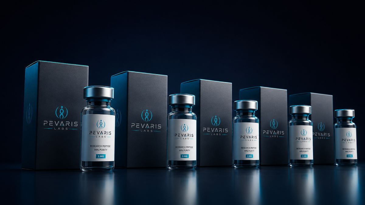A range of Pevaris research-grade peptide vials and cartons — the highest-grade active peptide supplied in bulk.