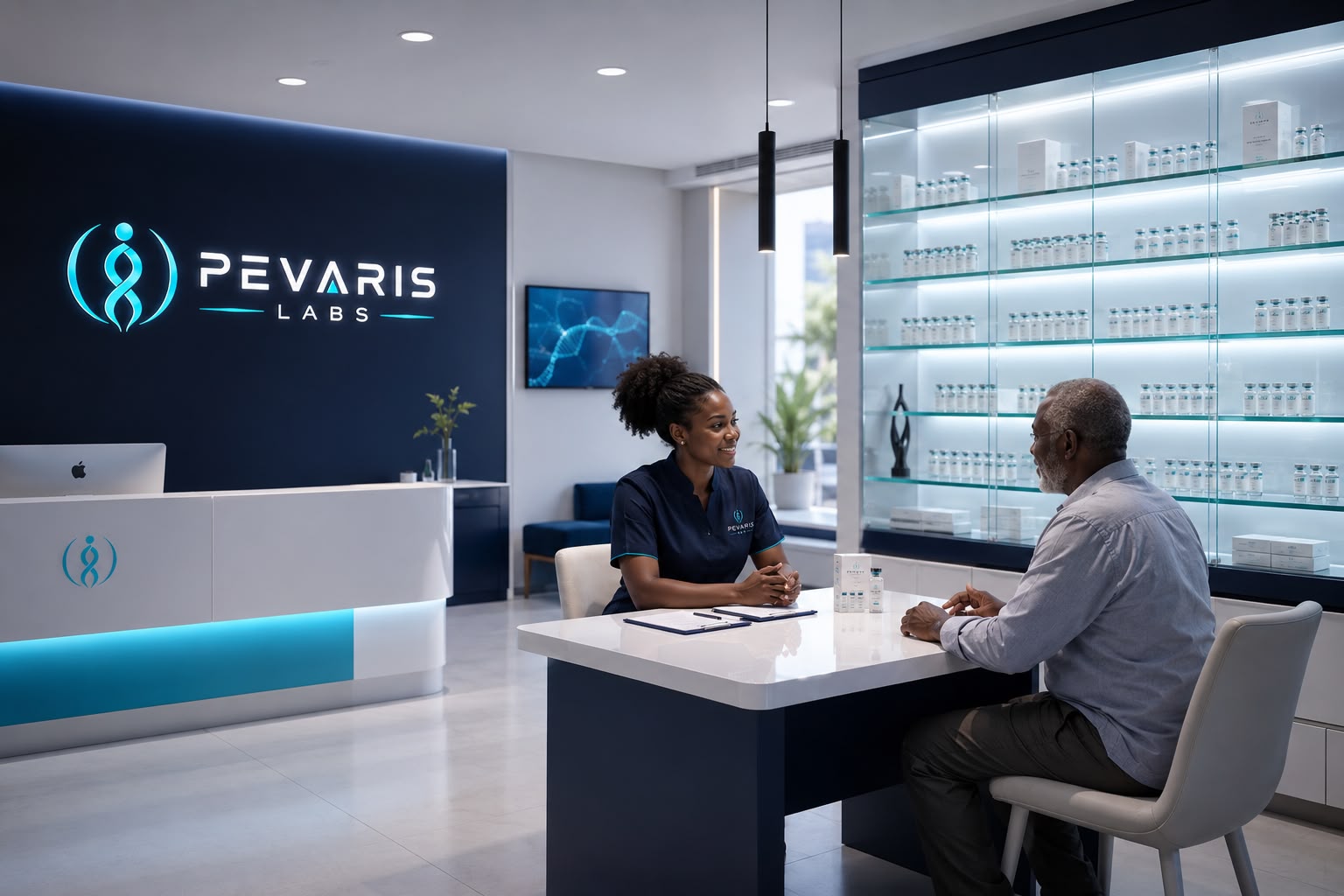 A modern Pevaris Labs clinic — a qualified specialist in consultation with a visitor, with shelves of verified research compounds behind them.