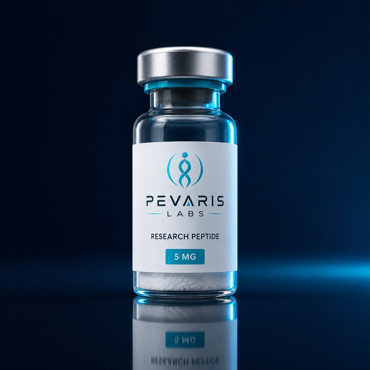 A Pevaris Labs branded research peptide vial, labelled Research Peptide, 5 MG.